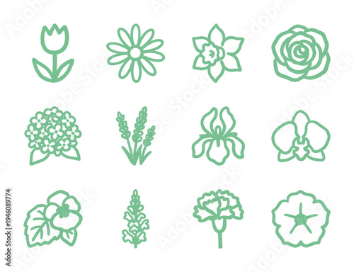 Hand-drawn botanical flower silhouettes for organic branding and garden identity. Rustic, naive monoline floral sketches featuring spring blossom concepts.
