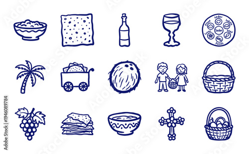 Hand-drawn Passover and Easter holiday symbols for seasonal branding. Rustic, naive marker sketch illustrations of Seder plates, matzah, and spring nature.