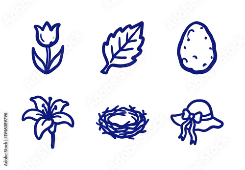 Hand-drawn spring nature and Easter elements in a rustic naive doodle style. Blue marker sketch illustrations featuring seasonal organic garden and farm life concepts.