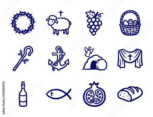 Christian religious symbols and Easter celebration elements for spiritual branding. Hand-drawn thick line doodle illustrations featuring faith and biblical motifs.