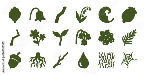 Rustic hand-drawn forest and garden botanical elements for organic branding. Naive marker sketch illustrations of leaves, roots, and woodland flora.