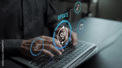 Software update concept. Person using laptop with system upgrade and application update icons, technology improvement, security patch and digital system maintenance.