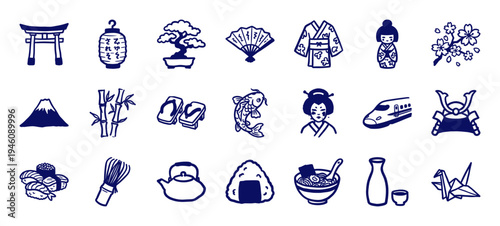 Japanese cultural heritage and travel elements for traditional branding. Rustic hand-drawn navy blue doodles featuring sushi, bonsai, and landmarks.