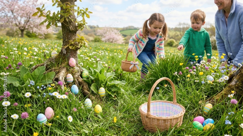 Fototapeta premium Children hunting colorful easter eggs in spring meadow