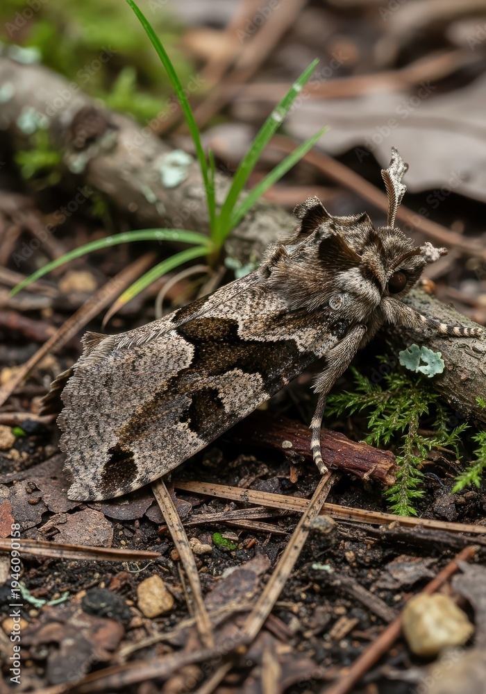 Naklejka premium Cryptic nocturnal insect rests camouflaged upon woodland floor debris