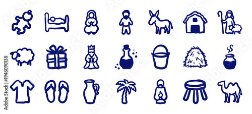 Hand-drawn nativity and ancient middle eastern life elements for religious storytelling. Rustic, naive marker sketch illustrations of Bethlehem concepts.