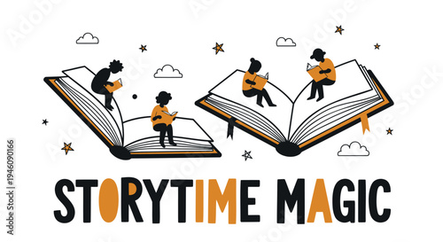 Vector illustration of children reading books with magic theme