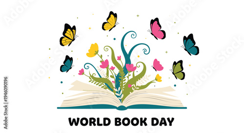 Vector illustration for World Book Day with colorful butterflies and flowers