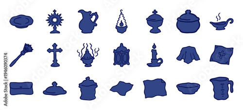 Hand-drawn liturgical and religious artifacts for spiritual branding. Rustic, naive marker sketch illustrations featuring Catholic mass and altar elements.