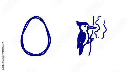 Hand-drawn woodpecker and egg elements for rustic branding. Naive blue marker sketch illustrations featuring woodland nature concepts.