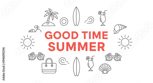 Set of 16 summer icons vector, GOOD TIME SUMMER