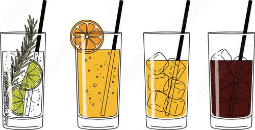Four tall glasses with colorful drinks including lime herbal soda, orange fizzy beverage, iced tea, cola or iced coffee illustration