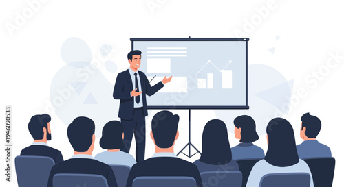 Business presentation with speaker and audience in a modern conference room