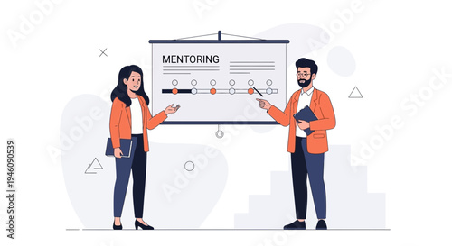 Mentoring session: business people presenting a project on a whiteboard with timeline