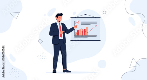 Businessman presenting financial growth chart on a whiteboard, business concept
