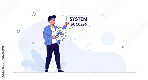 Man holding gear with system success text bubble, business concept illustration