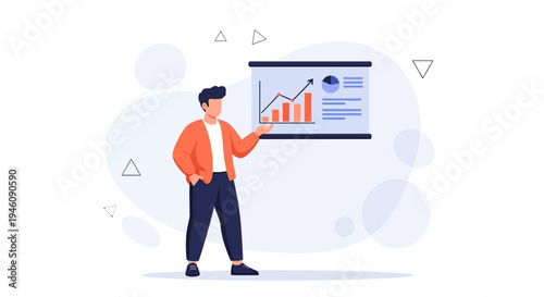Man presenting financial growth chart on a whiteboard, business analytics concept