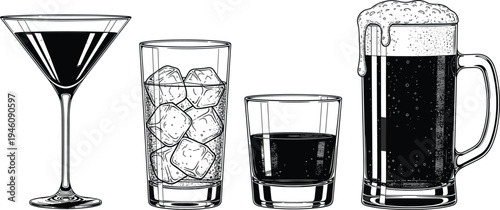 llustration of assorted drinkware glasses including martini, tall iced beverage, whiskey tumbler, and foamy beer mug showcasing diverse styles