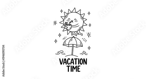 Vector illustration of smiling sun with umbrella and Vacation Time text
