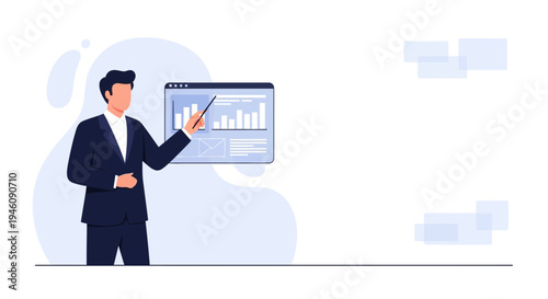 Businessman presenting financial report with charts on screen, business analytics concept