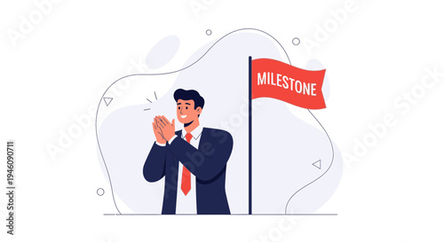 Businessman celebrating milestone achievement with clapping hands and red flag