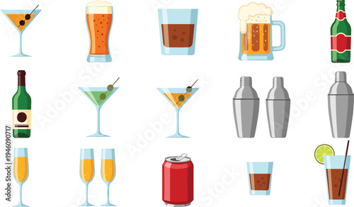 Vector icon collection featuring assorted drink glasses, beer mugs, whiskey tumblers, wine bottles, soda cans, cocktail shakers, and lime garnished beverages