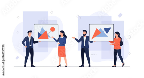 Business meeting with presentation of charts and graphs by diverse team