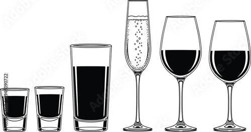 Vector illustration of assorted drinkware including shot glasses, tall tumbler, champagne flute with bubbles, and wine glasses filled with beverages