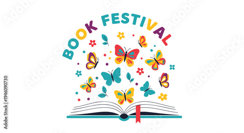 Vector illustration of colorful book festival logo with butterflies and open book