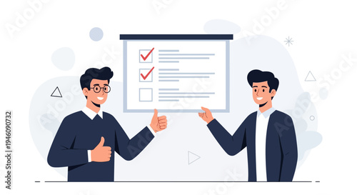 Two businessmen giving a presentation with a checklist on a whiteboard, successful project completion.