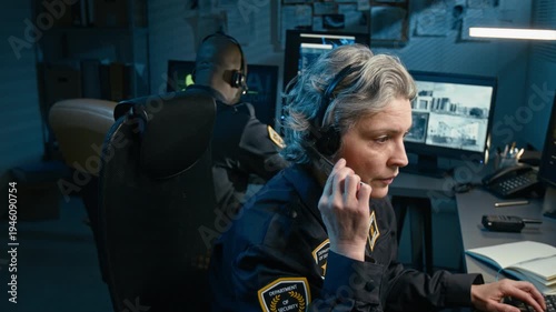 Cinematic side view shot of adult female dispatcher at police station and answering calls via headset while sitting at desk and watching monitors at night
