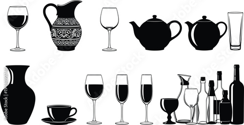 Silhouette illustration collection of diverse drinkware and containers including pitcher, teapots, wine glasses, decanter, bottles, vase, and teacup with saucer