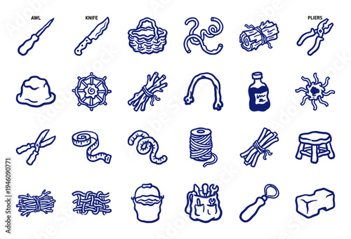 Rustic hand-drawn basketry and craft tools for organic branding. Crude marker sketch illustrations featuring weaving materials and workshop equipment.