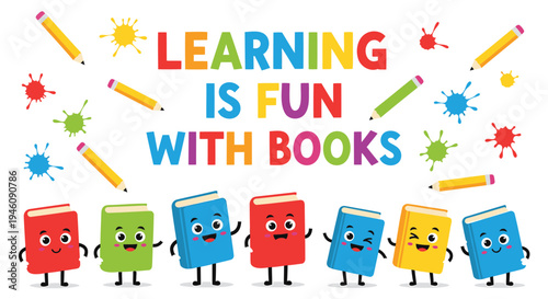 Set of 7 colorful book characters vector illustrations