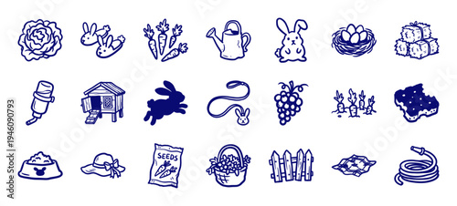 Hand-drawn rabbit care and backyard gardening elements for organic branding. Rustic naive marker sketch illustrations featuring bunny pet and horticulture concepts.