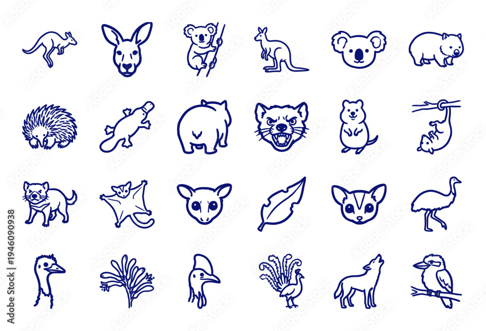 Fototapeta premium Australian wildlife and outback nature elements for organic brand identity. Rustic, naive blue line sketch illustrations featuring marsupials and birds.