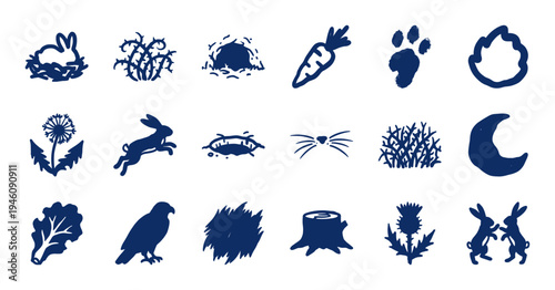 Hand-drawn rabbit and woodland nature elements for rustic brand identity. Naive marker sketch illustrations featuring burrowing hares and forest flora.