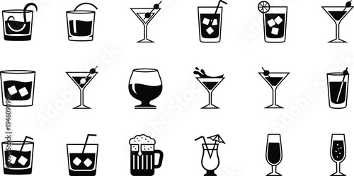 "Collection of twenty black and white drink icons featuring martini glasses, cocktail glasses, wine glasses, beer mugs, tumblers, and garnished beverages"