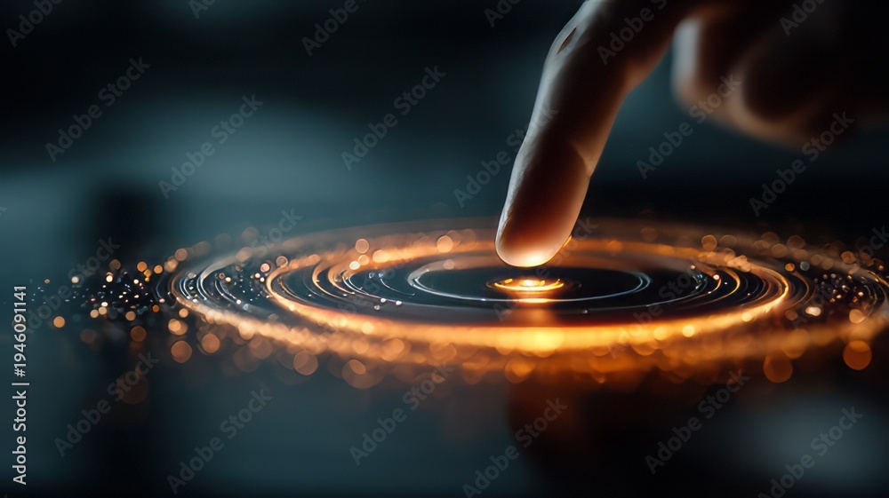 Fototapeta premium Close-up touching the digital interface on the table symbolises cloud app integration and syncing, human hand touching the screen, human hand touching the button
