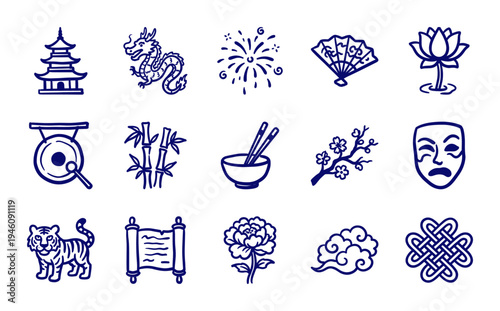 Lunar New Year and East Asian cultural elements for festive branding. Hand-drawn rustic marker style illustrations featuring dragon, pagoda, and lucky knots.