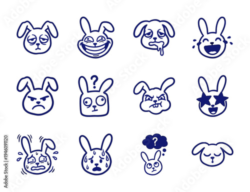 Hand-drawn rabbit emoji expressions for quirky character branding. Blue ink doodle bunny face stickers featuring diverse emotional states and whimsical moods.