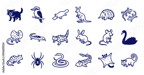 Australian wildlife and outback animals in a rustic navy blue marker sketch style. Naive hand-drawn marsupials and reptiles for organic brand identity.