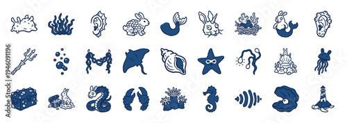 Hand-drawn nautical and marine life doodles for creative branding. Rustic naive marker sketch illustrations featuring whimsical sea creatures and ocean elements.