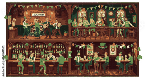 People celebrate st patrick's day in a traditional irish pub with green decorations and people wearing green