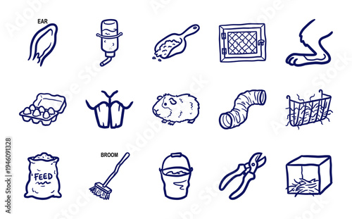 Hand-drawn small pet care and rabbit husbandry elements for organic branding. Rustic naive marker sketch illustrations featuring guinea pig and hamster supplies.