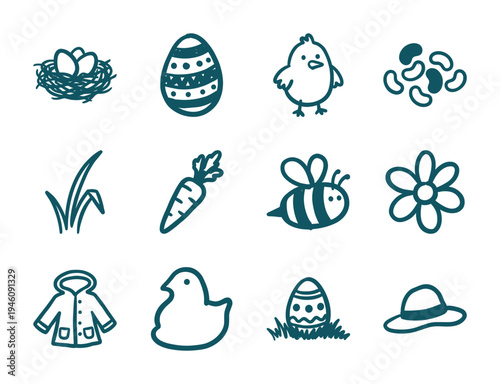 Hand-drawn Easter and spring garden elements with rustic charm. Naive marker sketch illustrations featuring cute chick, decorated eggs, and seasonal nature.