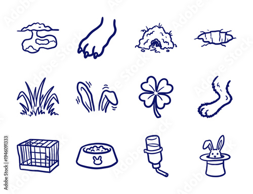 Rabbit care and lagomorph habitat hand-drawn doodle elements for pet shop branding. Rustic, naive marker sketch illustrations of bunny lifestyle.