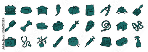 Hand-drawn small animal pet care elements for rabbit and guinea pig ownership. Rustic naive marker sketch illustrations of hutch, hay, and grooming supplies.