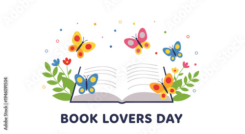 Book Lovers Day vector illustration, colorful butterflies and flowers around an open book