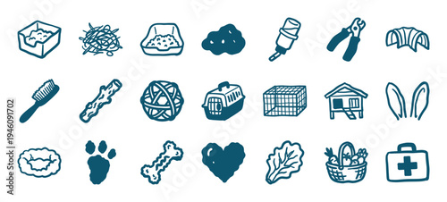 Hand-drawn rabbit care and pet supply elements for organic veterinary branding. Rustic, naive marker sketch illustrations of bunny lifestyle accessories.